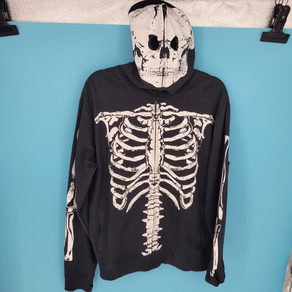 Rude Black Skeleton Full Zip Hoodie Skull Mask Bone Print Goth Punk XL hot topic